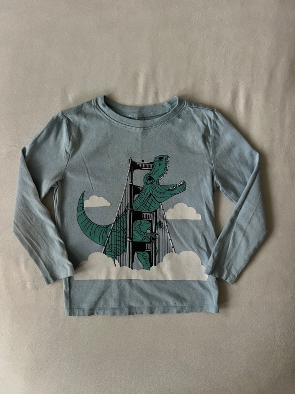 Old Navy Blue Long-Sleeve Tee with Green Dino and Bridge Graphic